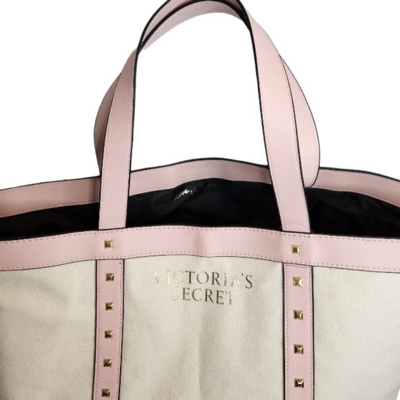 VICTORIA'S SECRET NWT CANVAS TOTE  pink trim and handles with gold tone … - Picture 4 of 8